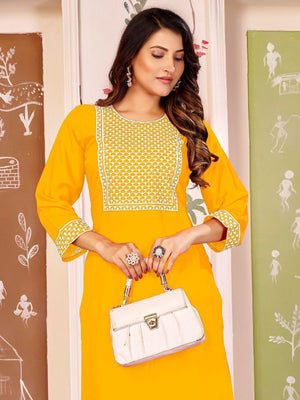 Rajwada Yellow Rayon Embroidered Kurta For Women