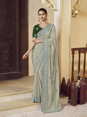 Rajwada Dusty Green Georgette Embroidered Elegant Saree For Women