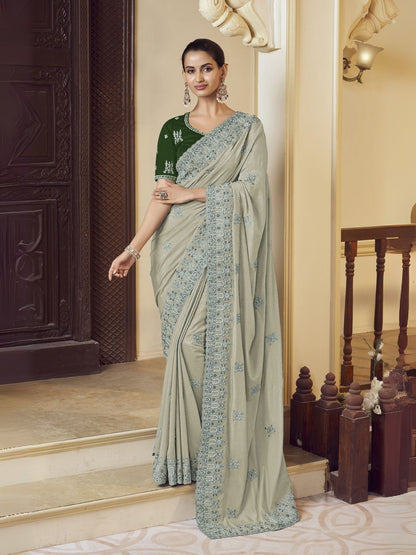 Rajwada Dusty Green Georgette Embroidered Elegant Saree For Women