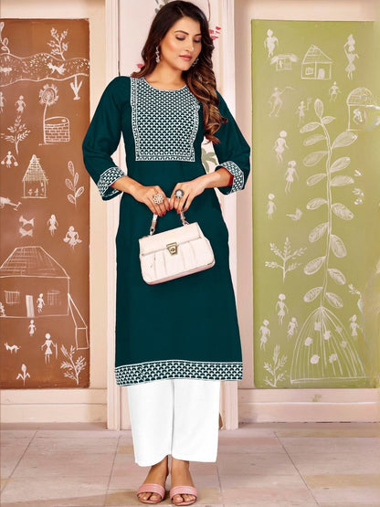 Rajwada Dark Green Rayon Embroidered Kurta For Women