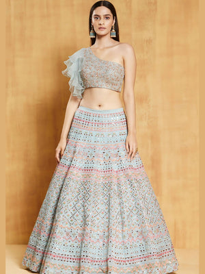 Rajwada Sky Blue Organza Silk Embroidered Semi-Stitched lehenga For Women