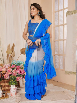 Rajwada Blue Georgette Embellished And Ruffle Saree For Women