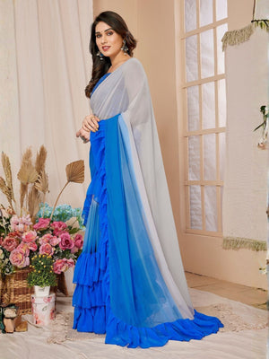 Rajwada Blue Georgette Embellished And Ruffle Saree For Women