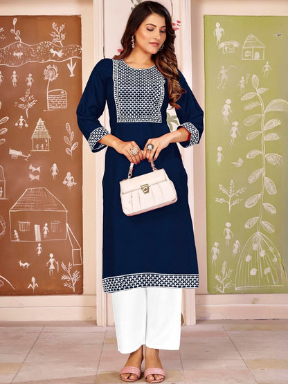 Rajwada Navy Blue Rayon Embroidered Kurta For Women