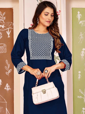 Rajwada Navy Blue Rayon Embroidered Kurta For Women