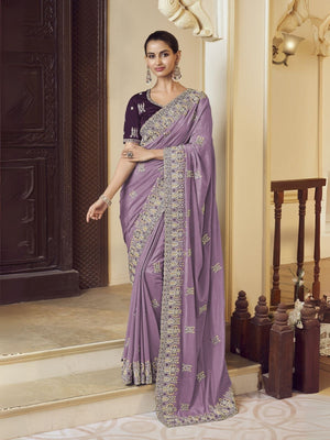 Rajwada Lavender Georgette Embroidered Elegant Saree For Women