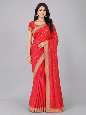 Dark Pink Silk Blend Solid Saree