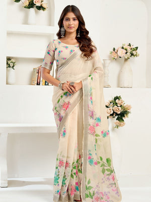 Rajwada Beige Cotton Linen Zari Work Saree For Women