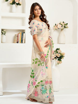 Rajwada Beige Cotton Linen Zari Work Saree For Women