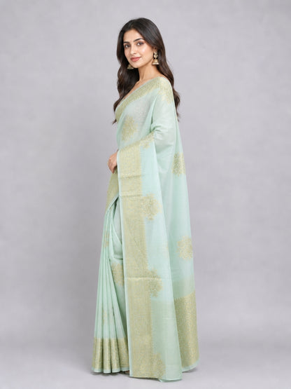 Light Blue Silk Blend Solid Saree