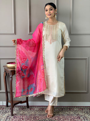 Rajwada Off White Embroidered Viscose Silk Stitched Kurta Salwar Set For Women