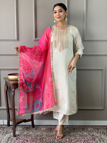 Rajwada Off White Embroidered Viscose Silk Stitched Kurta Salwar Set For Women