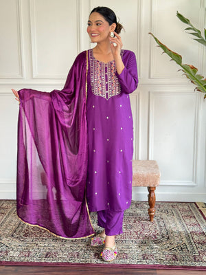 Rajwada Purple Embroidered Rayon Stitched Kurta Salwar Set For Women