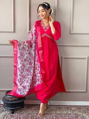 Rajwada Red Embroidered Viscose Silk Stitched Kurta Salwar Set For Women