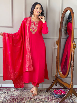 Rajwada Red Embroidered Viscose Silk Stitched Kurta Salwar Set For Women