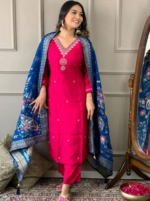 Rajwada Pink Embroidered Viscose Silk Stitched Kurta Salwar Set For Women