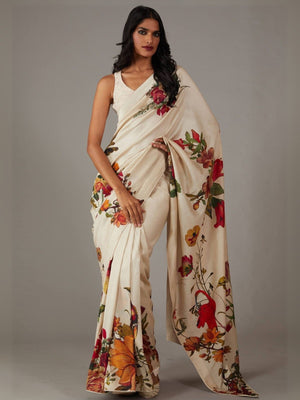 Rajwada Off White Georgette Floral Printed Saree With Unstitched Blouse For Women