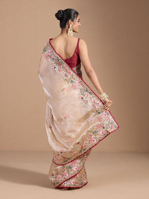 Rajwada Ivory Organza Embroidered Solid Saree For Women