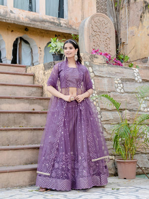 Rajwada Purple Soft Net Embellished Semi-Stitched lehenga For Women