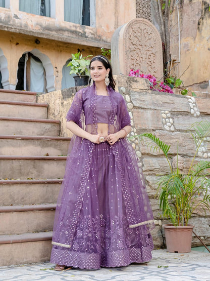 Rajwada Purple Soft Net Embellished Semi-Stitched lehenga For Women