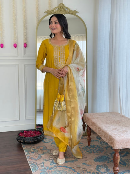 Rajwada Mustard Silk Blend Embroidered Stitched Kurta Set For Women