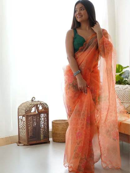 Rajwada Orange Organza Printed Saree With Unstitched Blouse For Women