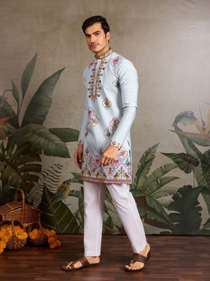 Rajwada Sky Blue Silk Blend Embroidered Stitched Kurta For Men