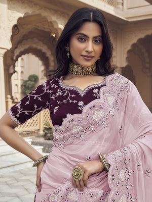Rajwada Light Pink Silk Blend Embellished Elegant Saree For Women