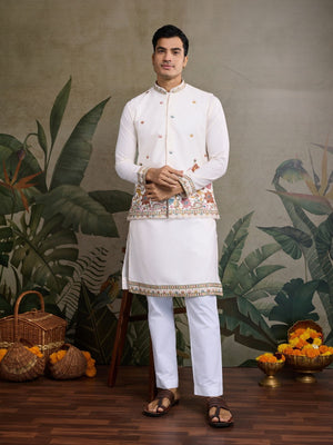 Rajwada White Cotton Blend Embroidered Stitched Kurta For Men