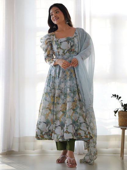 Rajwada Multi-colour Organza Silk Floral Digital Print Stitched Kurta Set For Women