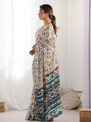Rajwada White Georgette Printed Saree For Women