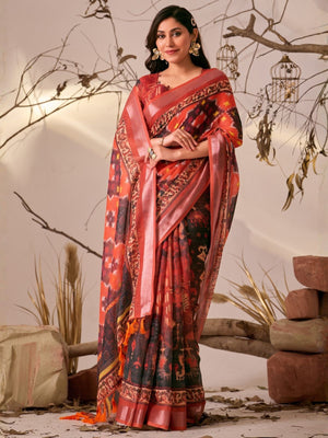 Rajwada Red Linen Cotton Printed Saree For Women