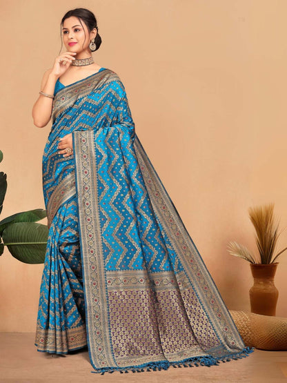 Rajwada Blue Woven Banasari Silk Saree with Unstitched Blouse for Women