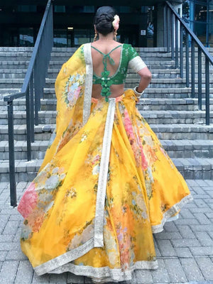 Rajwada Yellow Organza Printed Semi-Stitched lehenga For Women