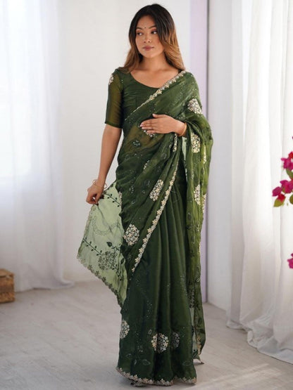 Rajwada Deep Green Organza Embroidered Solid Saree For Women