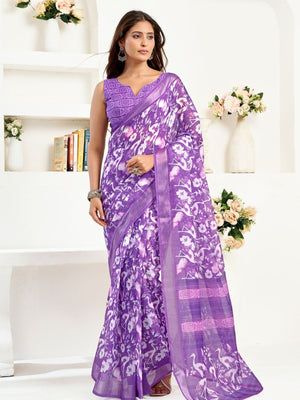 Rajwada Lavender Cotton Linen Zari Work Saree For Women