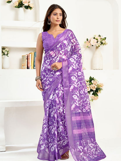 Rajwada Lavender Cotton Linen Zari Work Saree For Women