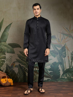 Rajwada Black Silk Blend Embroidered Stitched Kurta Set For Men