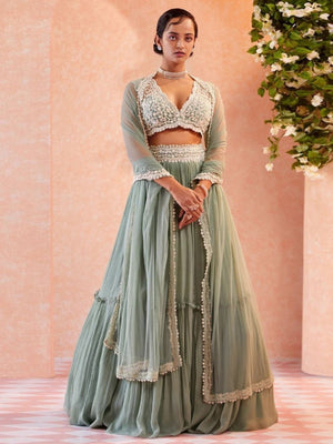 Rajwada Sea Green Georgette Solid Semi-Stitched Lehenga For Women