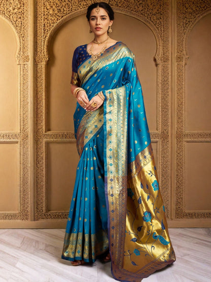 Rajwada Blue Silk Blend Woven Pithani Saree For Women