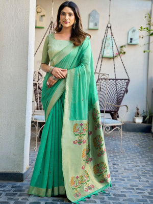 Rajwada Turquoise Cotton Blend Solid Saree For Women