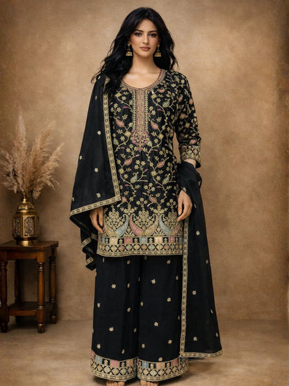 Rajwada Black Chinon Embroidered Semi-Stitched Kurta Set For Women