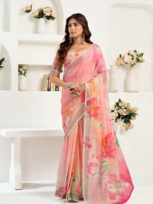 Rajwada Light Pink Cotton Linen Zari Work Saree For Women