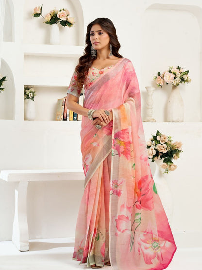 Rajwada Light Pink Cotton Linen Zari Work Saree For Women