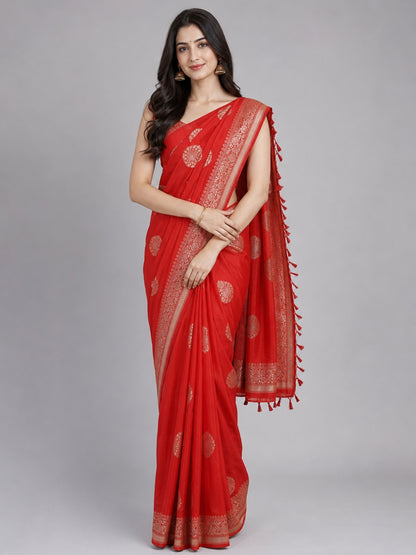 Red Silk Blend Solid Saree