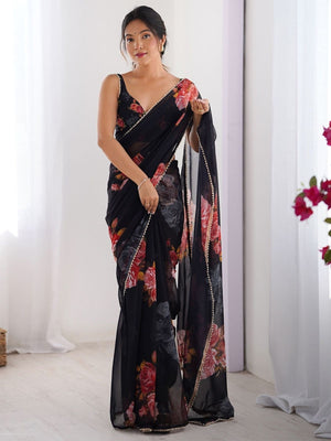 Rajwada Black Georgette Printed Saree For Women
