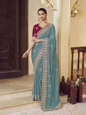 Rajwada Teal Georgette Embroidered Elegant Saree For Women