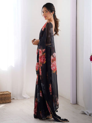 Rajwada Black Georgette Printed Saree For Women