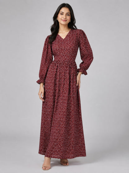 Maroon Cotton Blend Printed Dress