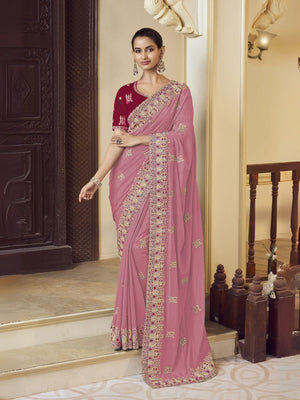 Rajwada Light Pink Georgette Embroidered Elegant Saree For Women